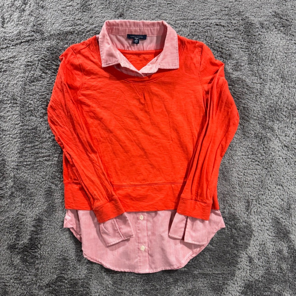Tommy Hilfiger Womens XS Orange Layered Sweater Pink Striped Shirt Mixed Media